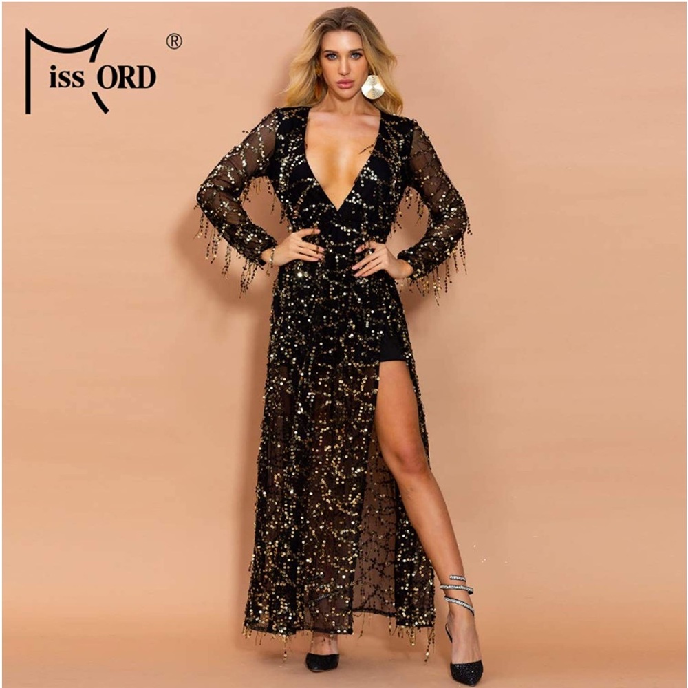 Miss ord Women Deep V Neck Long Sleeve Split Sequined Maxi Party Cocktail Dress